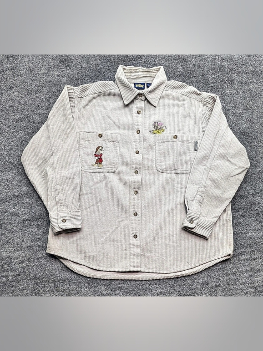Disney Classics Seven Dwarfs Corduroy Button Down L Gray Dopey Grumpy Vtg 90s
